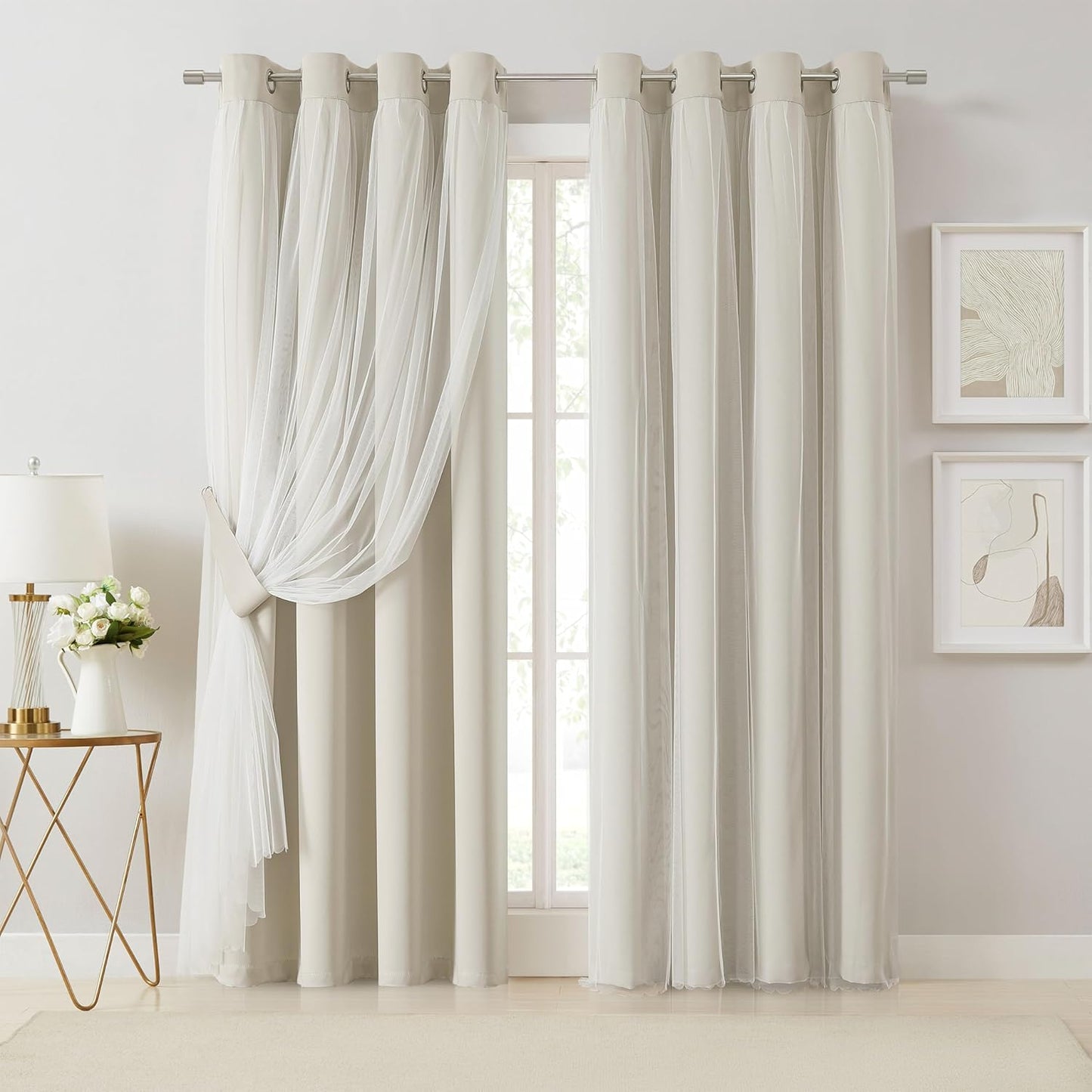 Bujasso Beige 80% Blackout Curtains with Sheer Overlay Panels