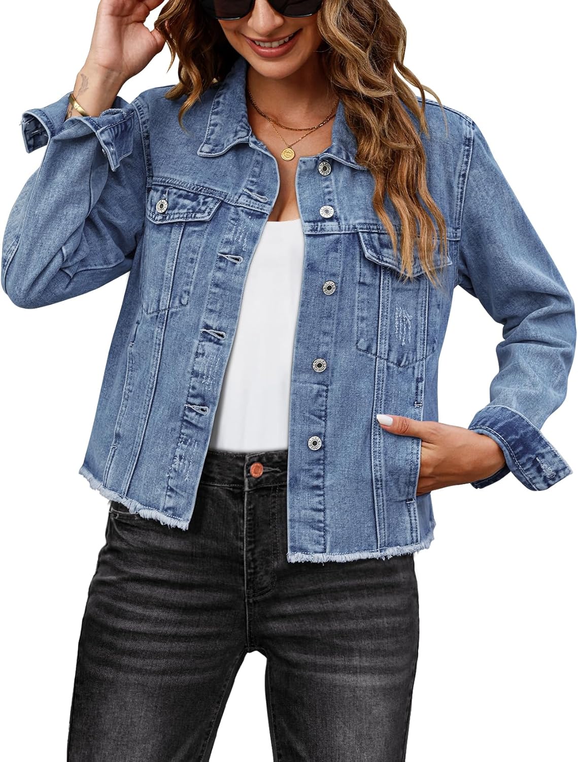 Luvamia Distressed Denim Jacket for Women - Vintage Trucker Style