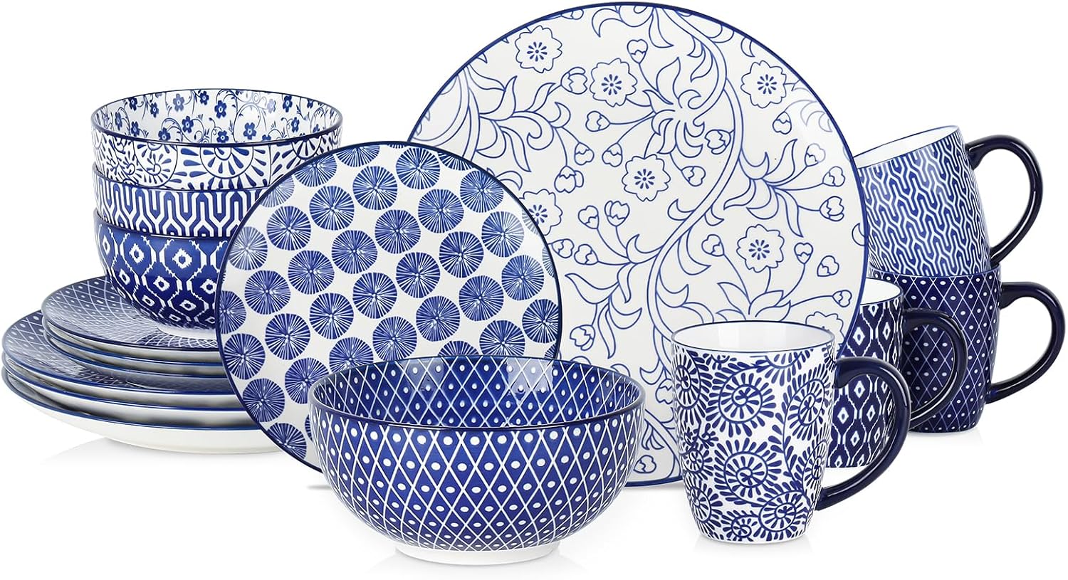 Selamica Ceramic Dinnerware Set for 4 - 16 Pieces in Vintage Blue