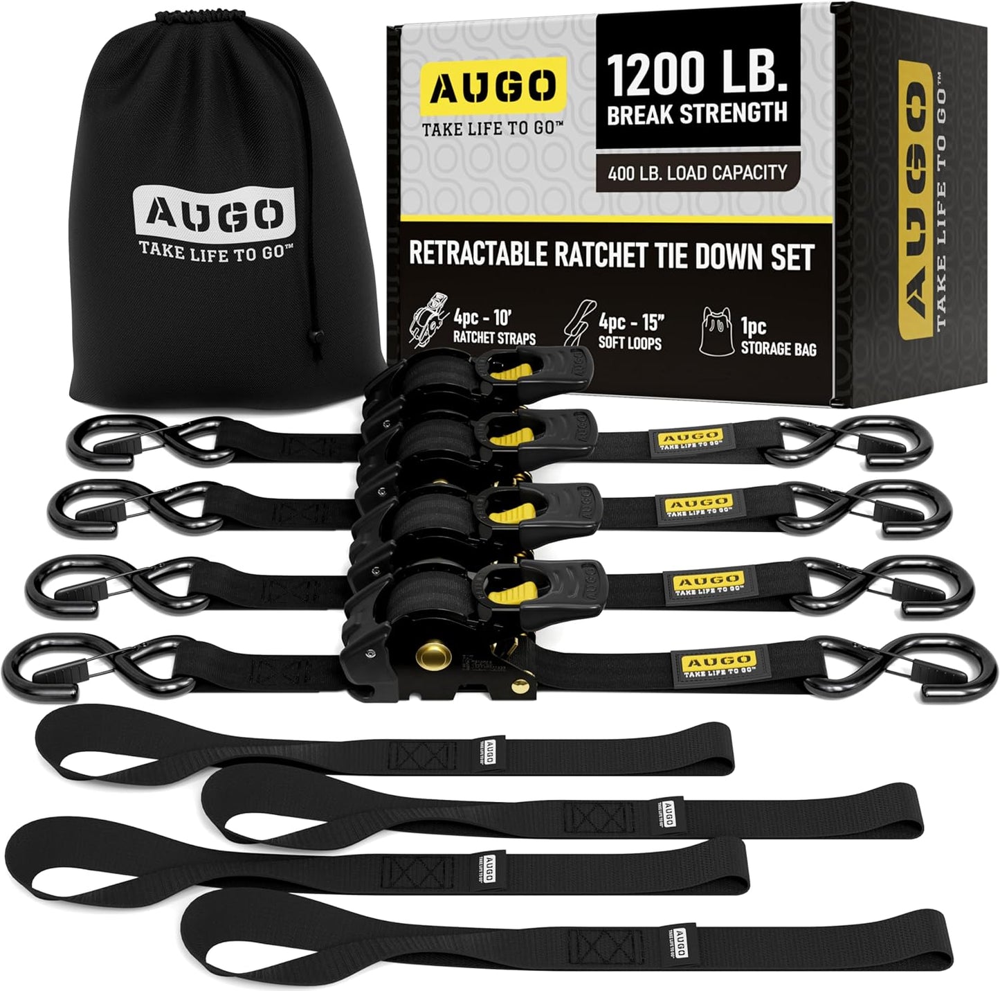 AUGO Retractable Ratchet Straps for Heavy Duty Cargo Securement