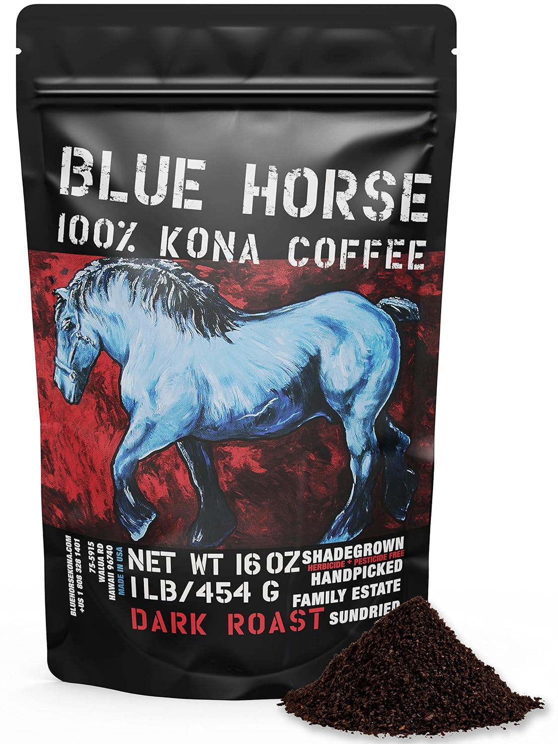 Blue Horse 100% Kona Coffee Dark Roast Ground Arabica 16 oz Bag
