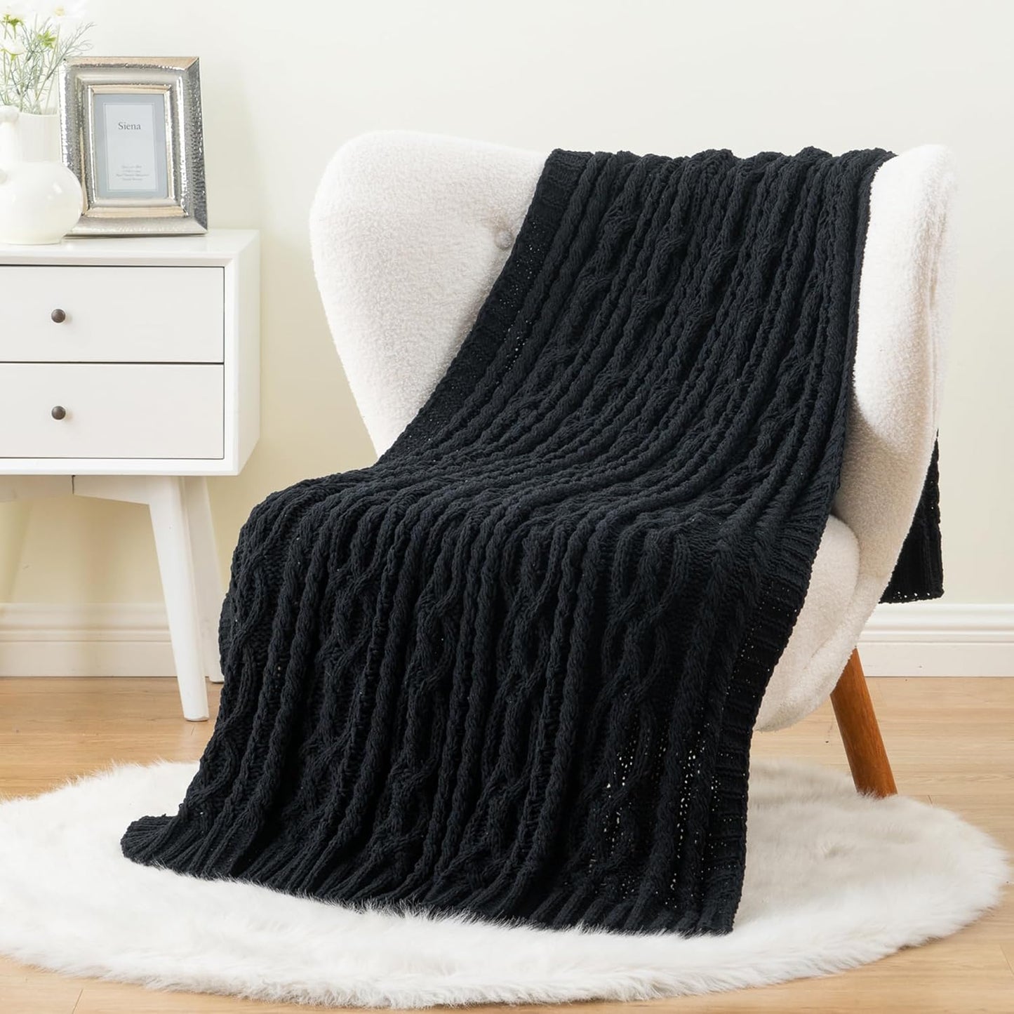 Battilo Black Throw Blanket for Couch - Cozy Chenille Decor