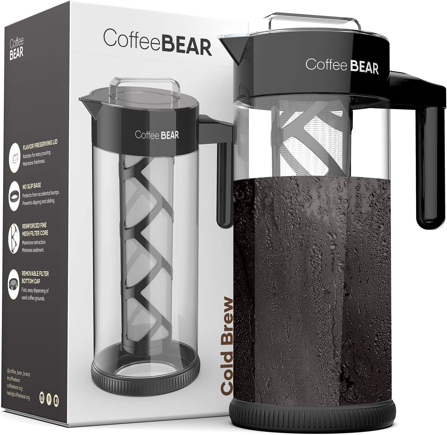 COFFEE BEAR Cold Brew Maker - 1.3L Glass Pitcher, Reusable Filter