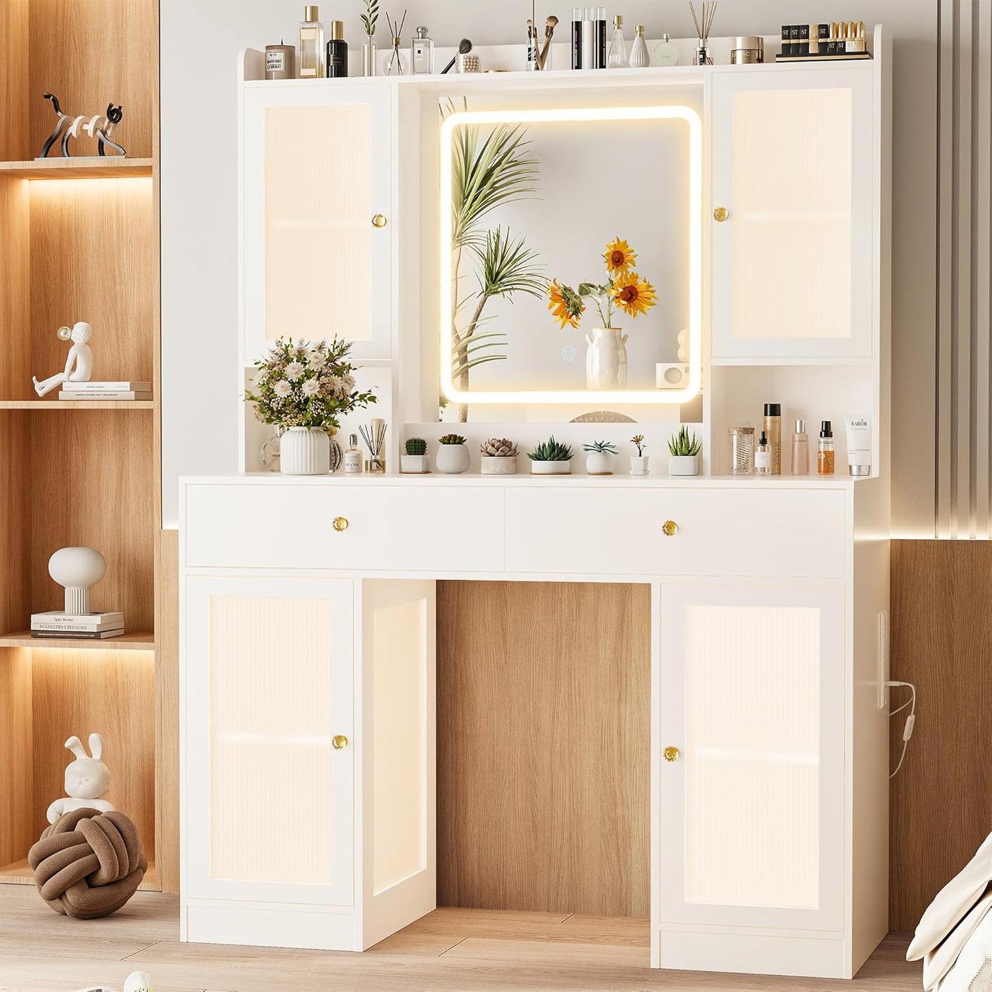 Modern Fluted Vanity Desk with LED Mirror & Storage, INNOD