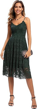 Womens Spaghetti Strap V Neck Lace A Line Dress for Evening Events