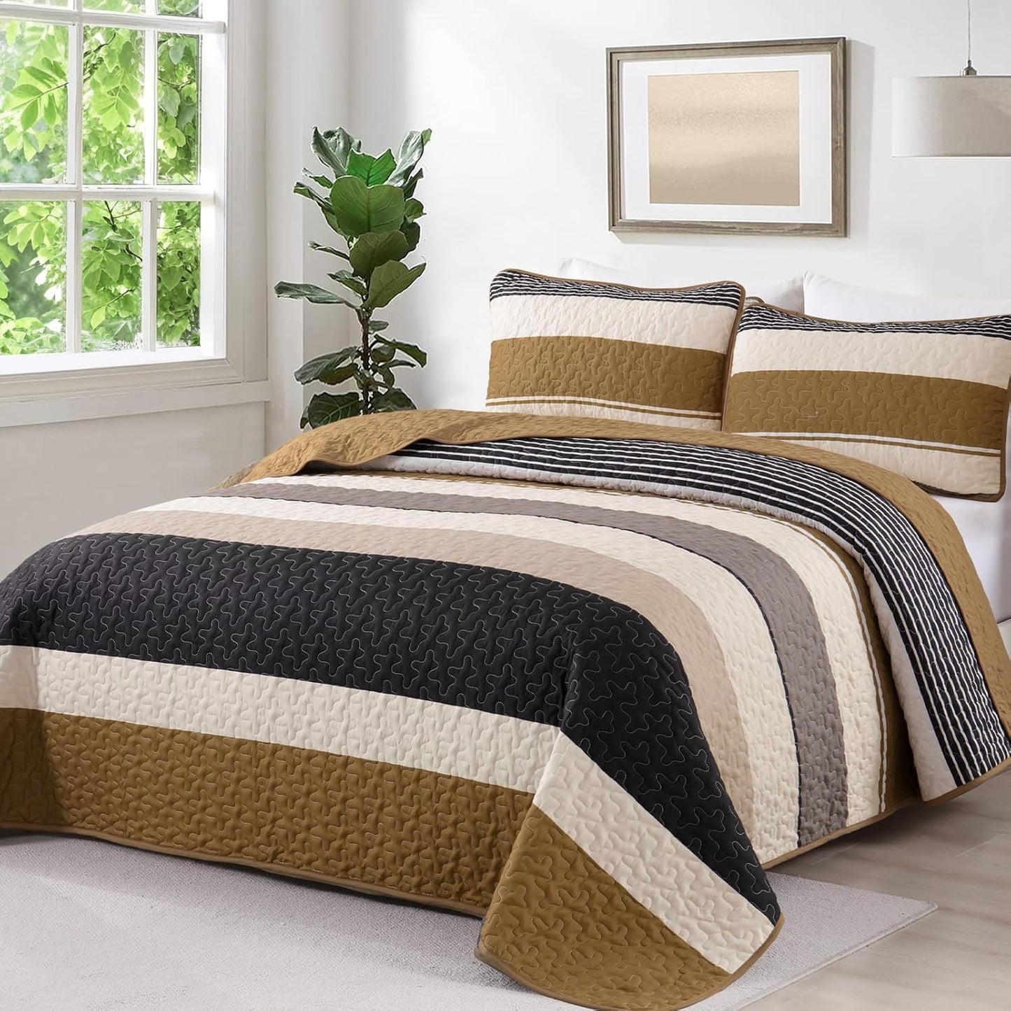 Dinjoy King Size Quilt Set Brown for Elegant Boho Bedding