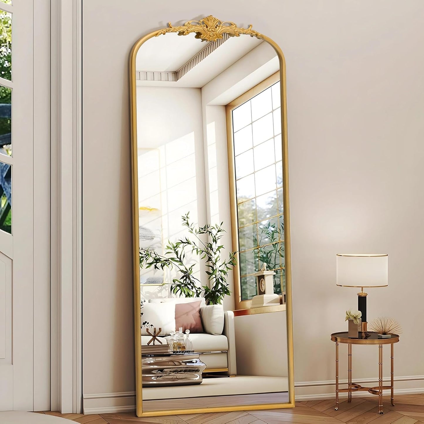 Antique Full Length Mirror: Gleaming Gold Arched Design
