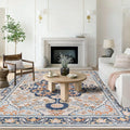 Orange Blue Boho Vintage Area Rug 8x10 - Machine Washable Low Pile