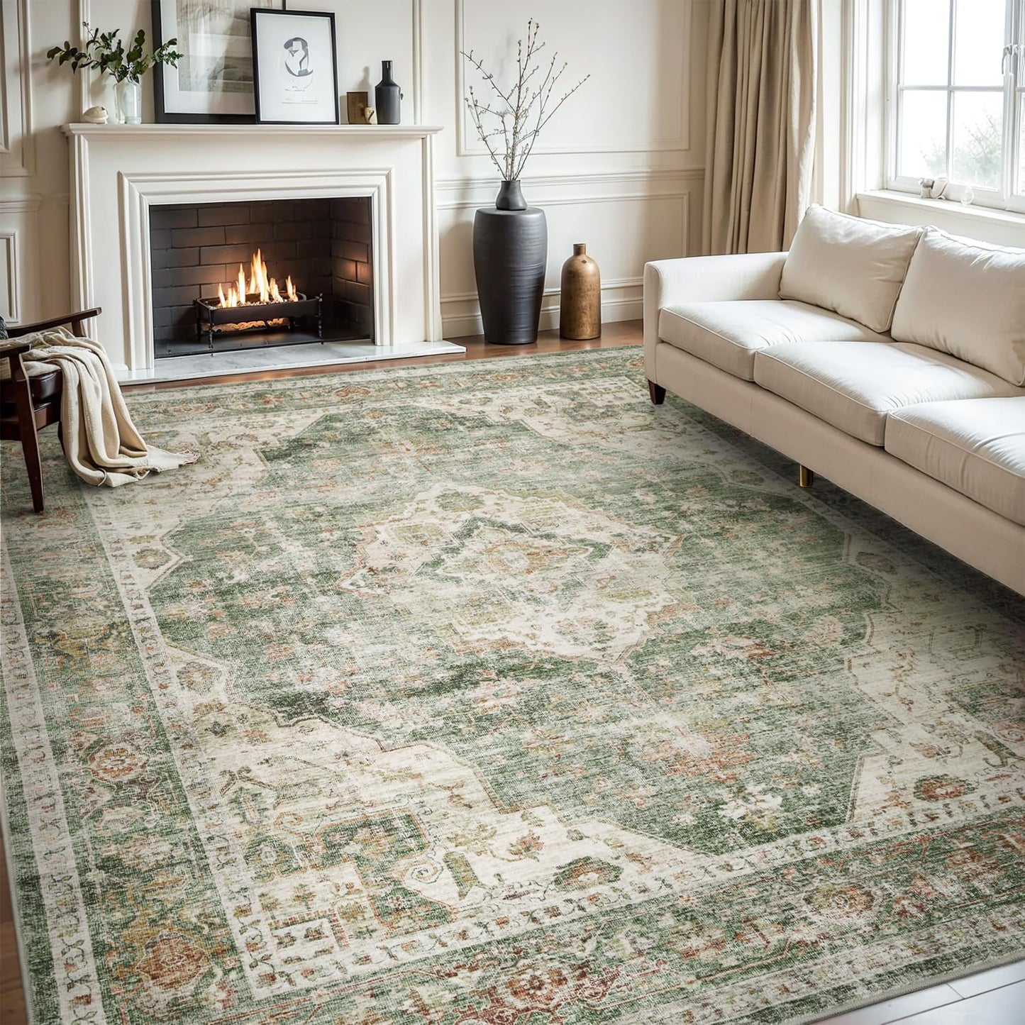 Vintage Soft Green Area Rug 6X9 for Living Room and Bedroom