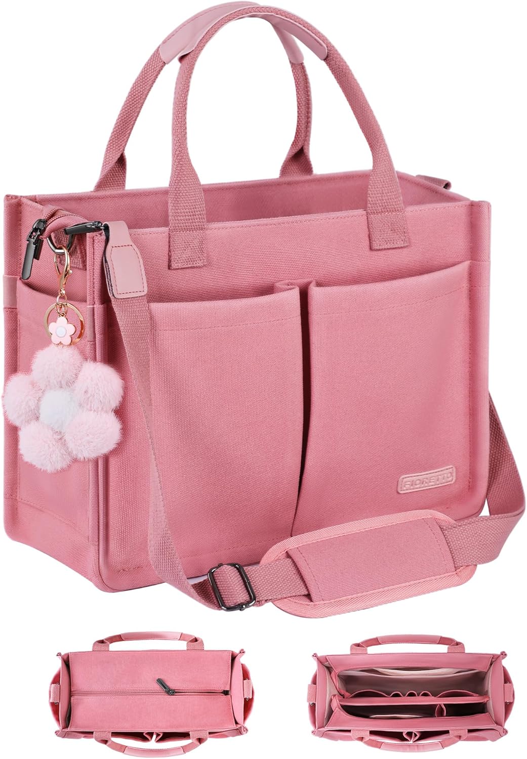 FIORETTO Womens Canvas Tote Bag with Zipper Top & Compartments