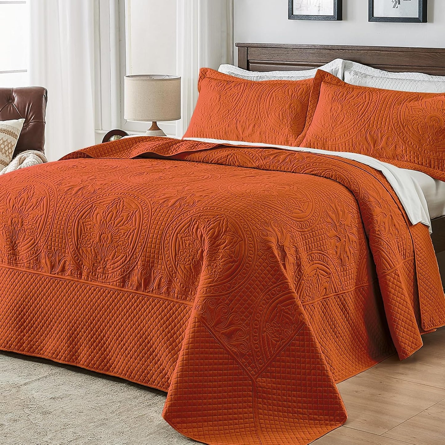 Oversized King Bedspread in Burnt Orange - Soft Microfiber Quilt
