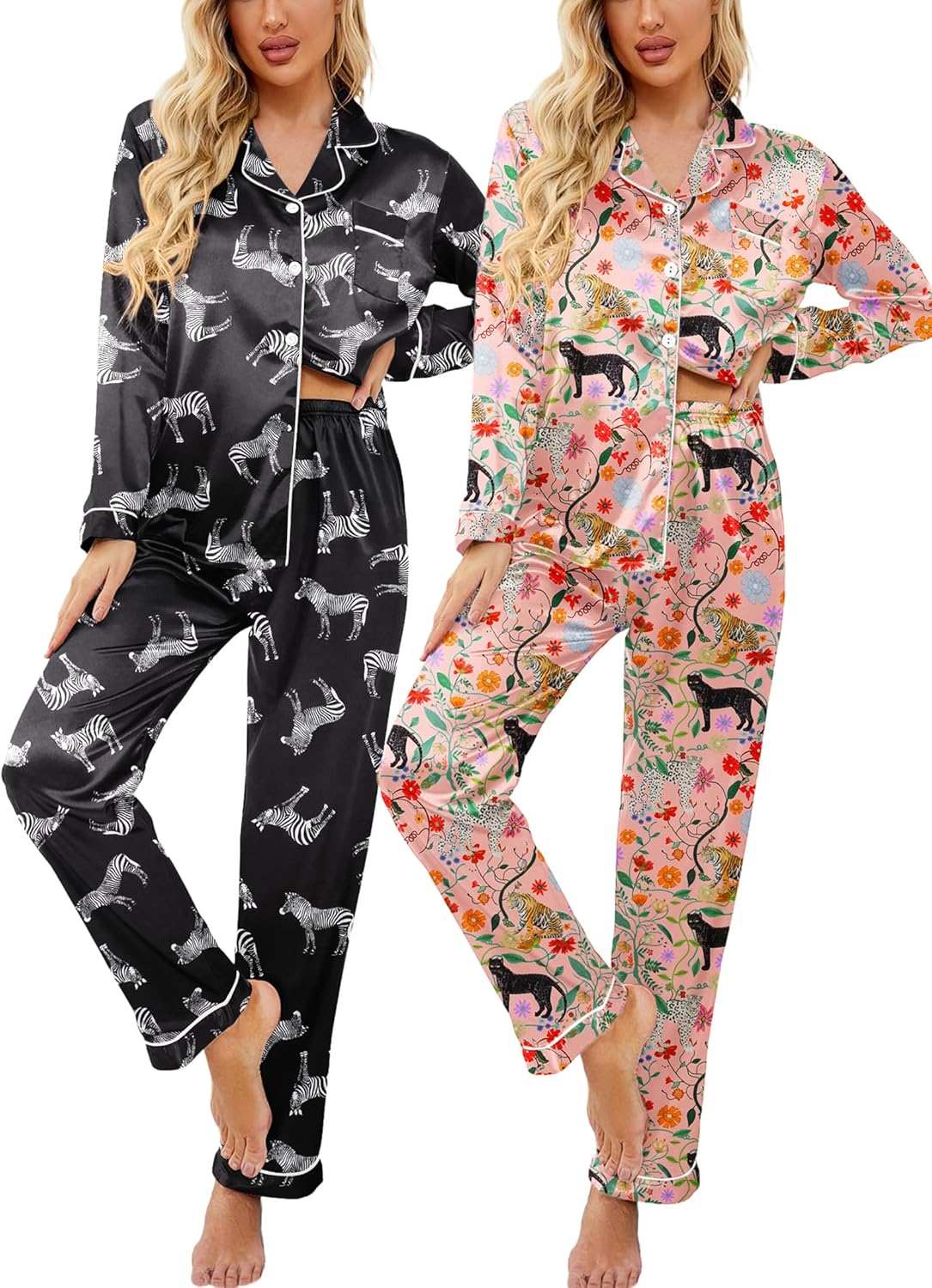 Ekouaer 2 Pack Satin Pajamas Set for Women - Soft Sleepwear
