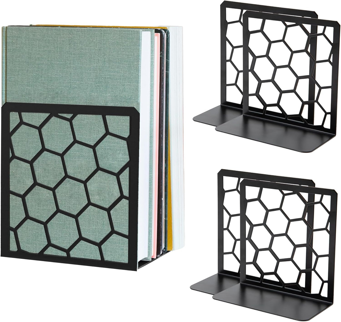 GEOMOD Geometric Honeycomb Black Metal Bookends for Stylish Decor