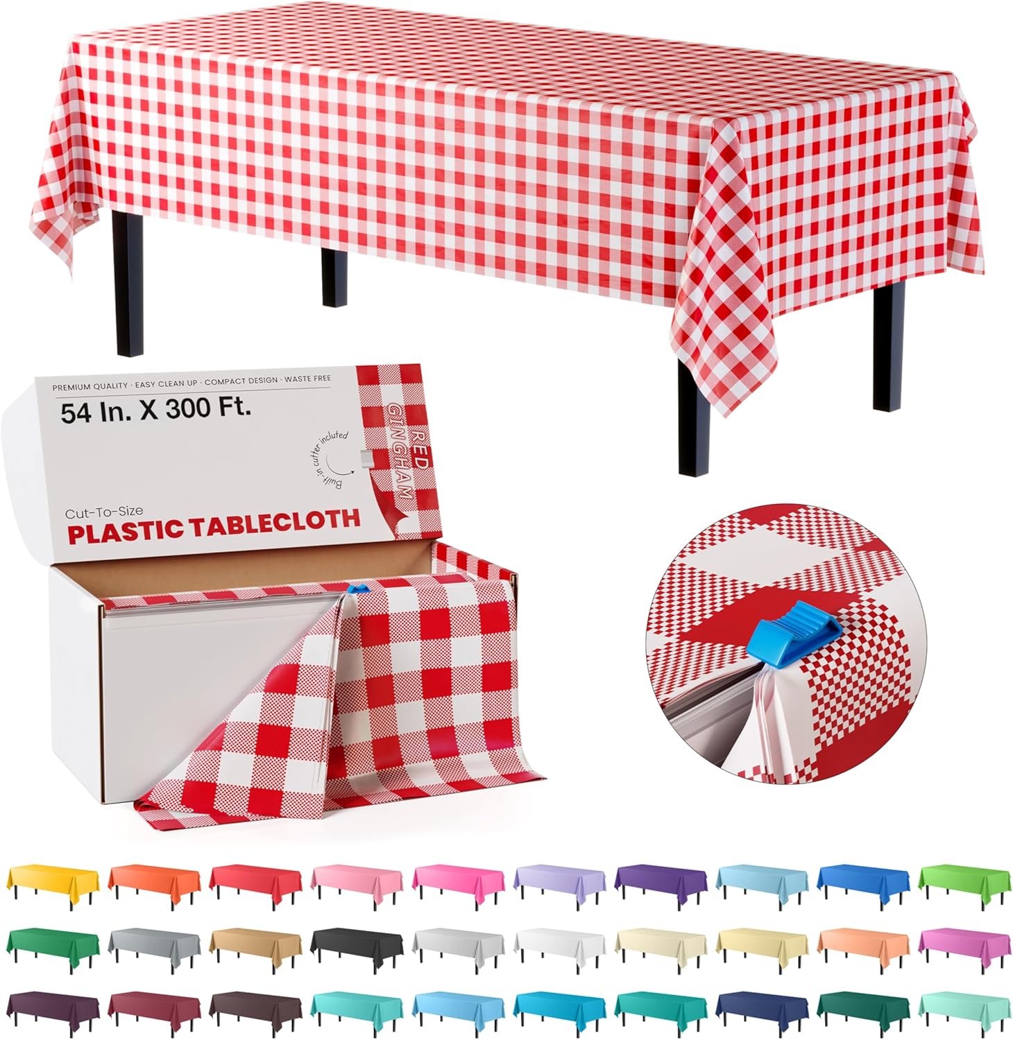 Party Solids Red Gingham Plastic Table Cover Roll for Events
