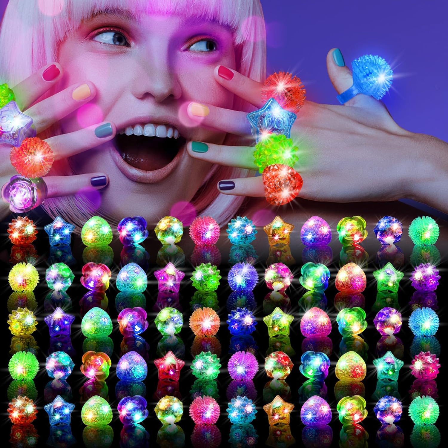 100 Pcs Light Up Rings for Parties - Glow In The Dark Fun