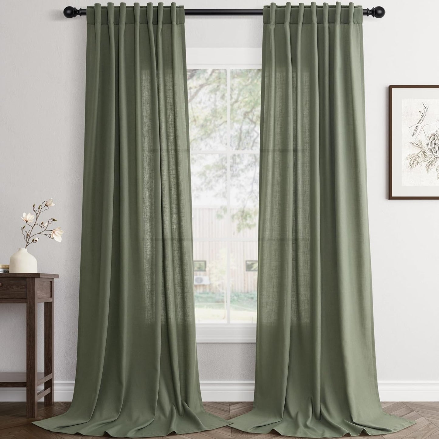 Olive Green Linen Curtains 90 Inch Length for Modern Farmhouse