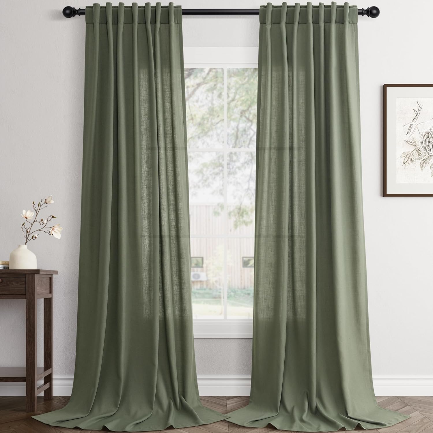 Olive Green Linen Curtains 90 Inch Length for Modern Farmhouse