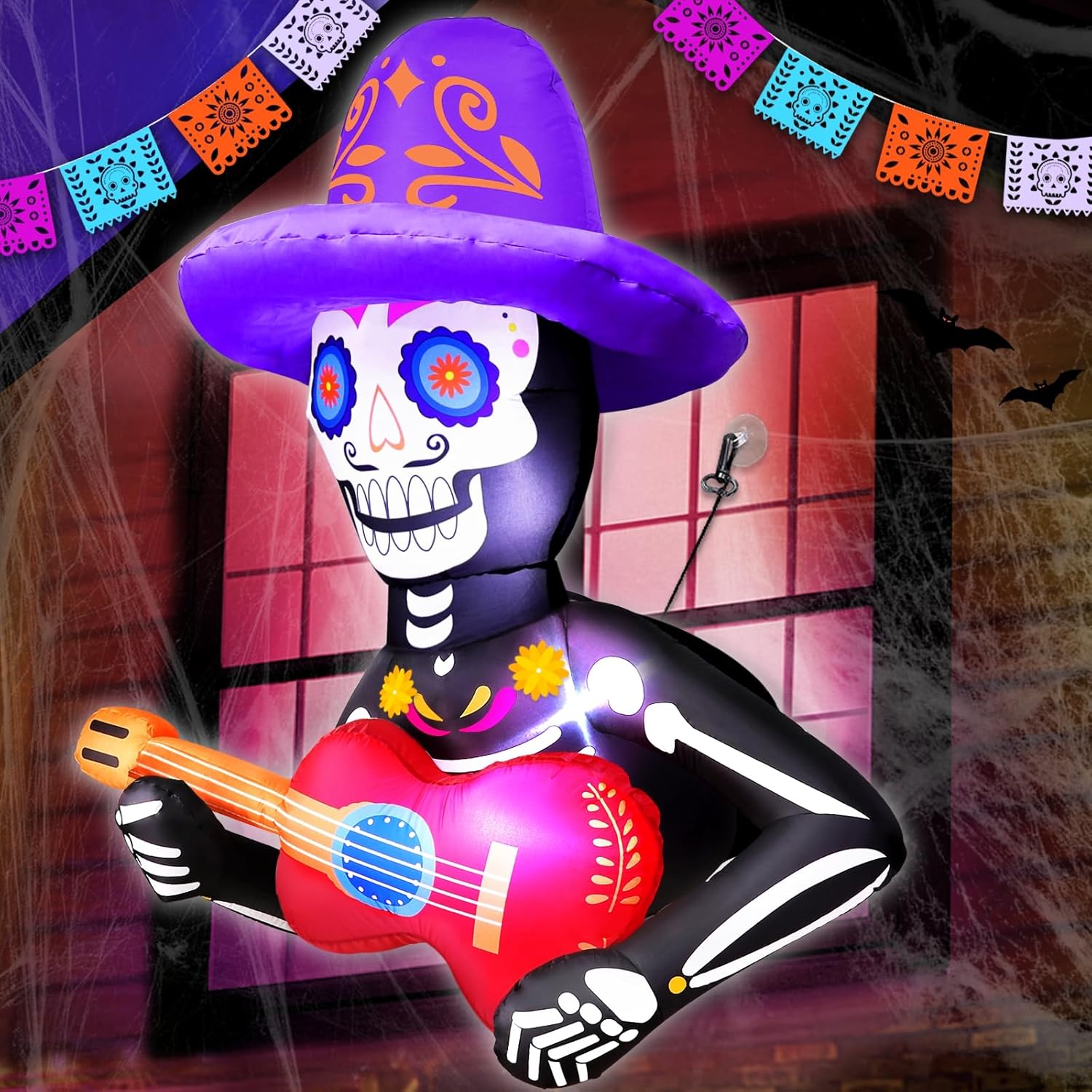 4 Ft Day of The Dead Inflatable Sugar Skull with Guitar Decor