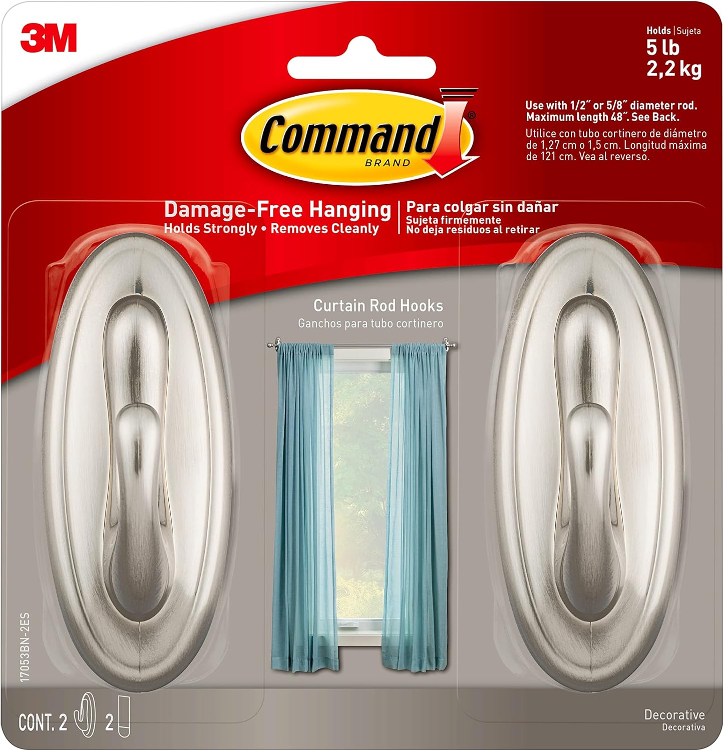 Damage-Free Decor: Command Large Curtain Rod Hooks, Brushed Nickel, 2-Pack