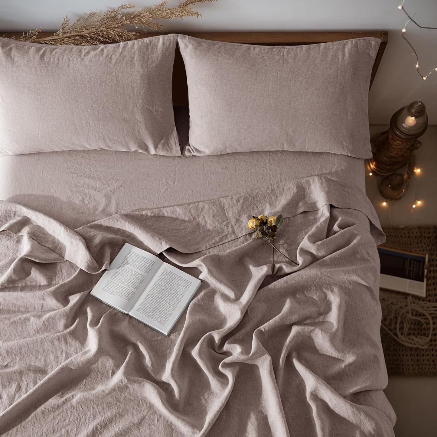 LBRO2M 100% Linen Sheet Set for Queen Size Beds in Mauve