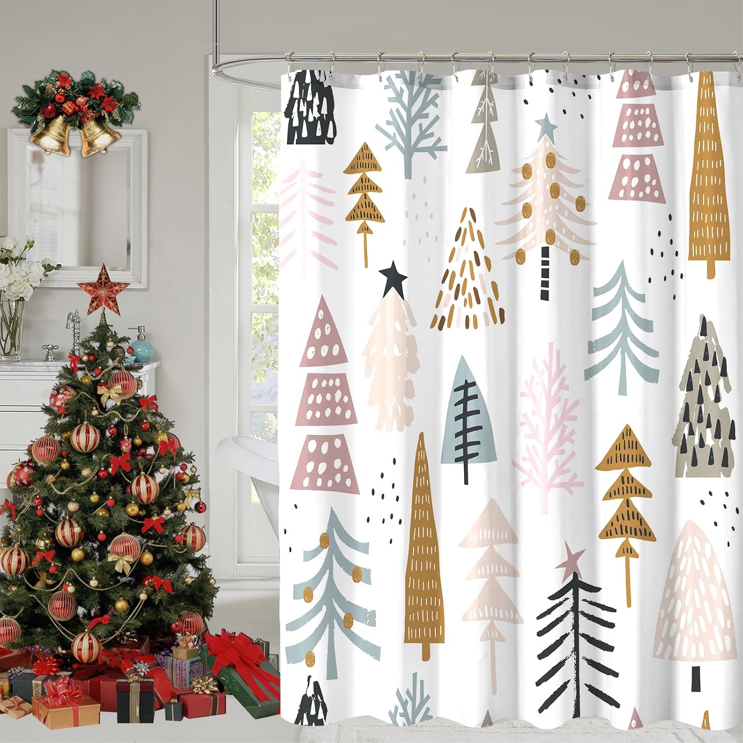 Merry Xmas Shower Curtain - Colorful Tree Design