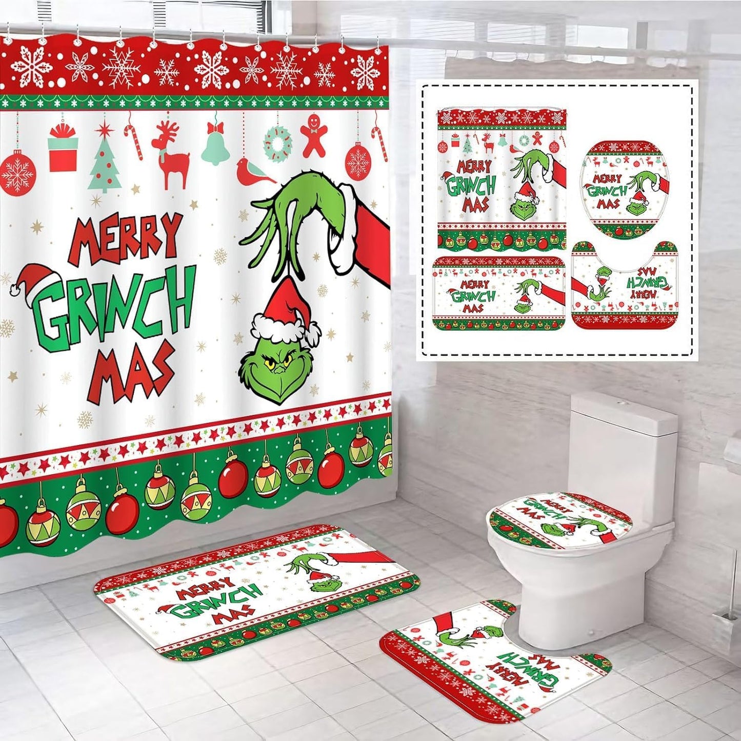 Christmas Bathroom Set with Non-Slip Rugs & Bath Mat - Festive Holiday Decor