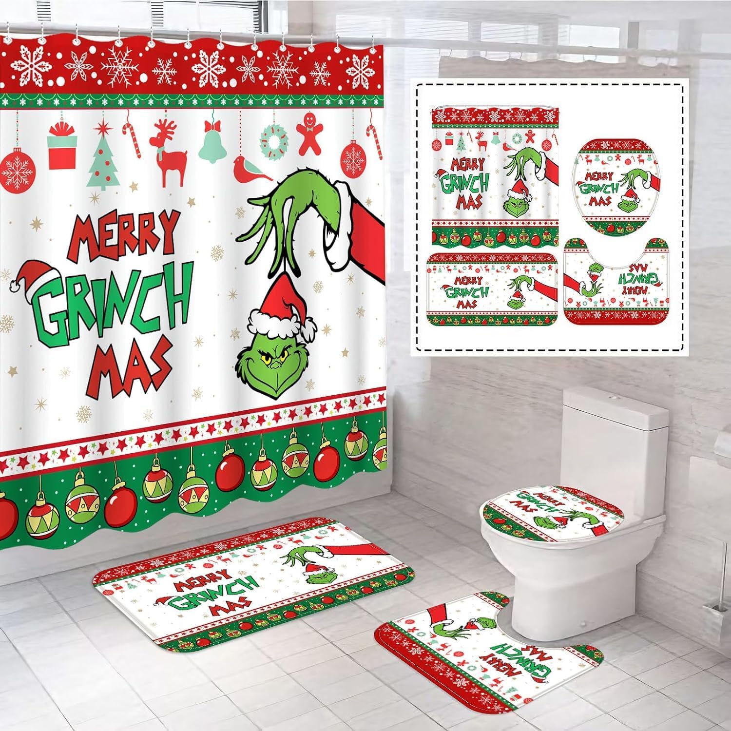 Christmas Bathroom Set with Non-Slip Rugs & Bath Mat - Festive Holiday Decor