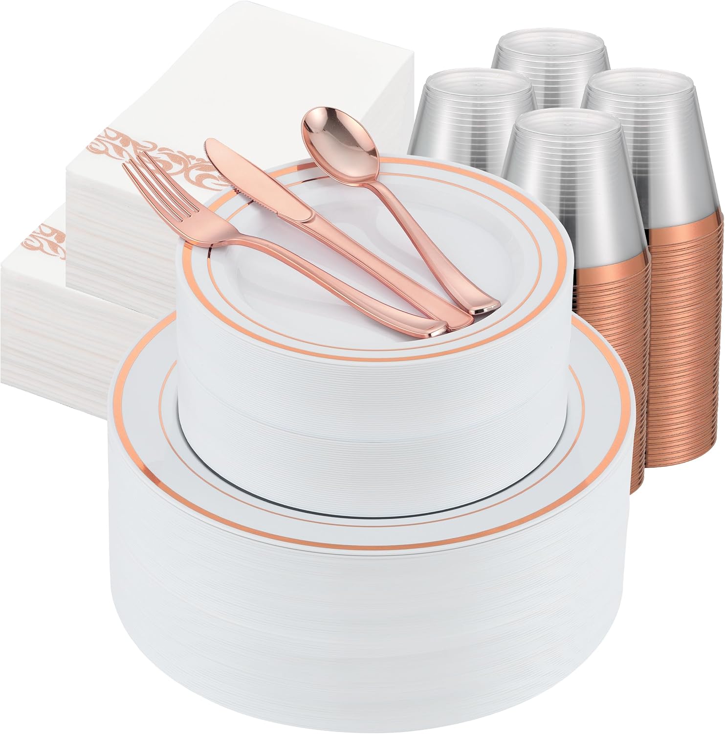 700 PCS Rose Gold Plastic Plates for 100 Guests - Elegant Set