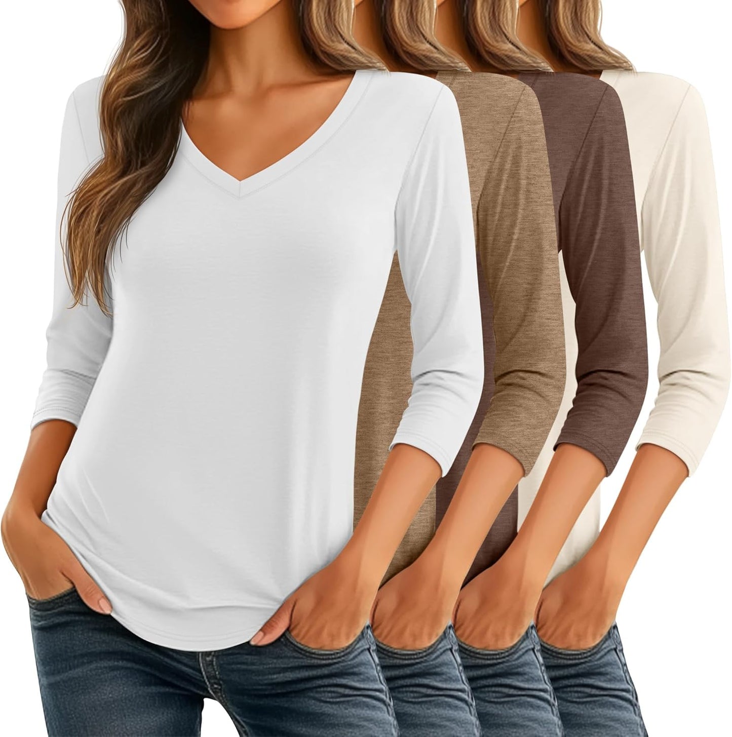Ficerd Women's 3/4 Sleeve V Neck Casual Tunic Tops - 4 Pack