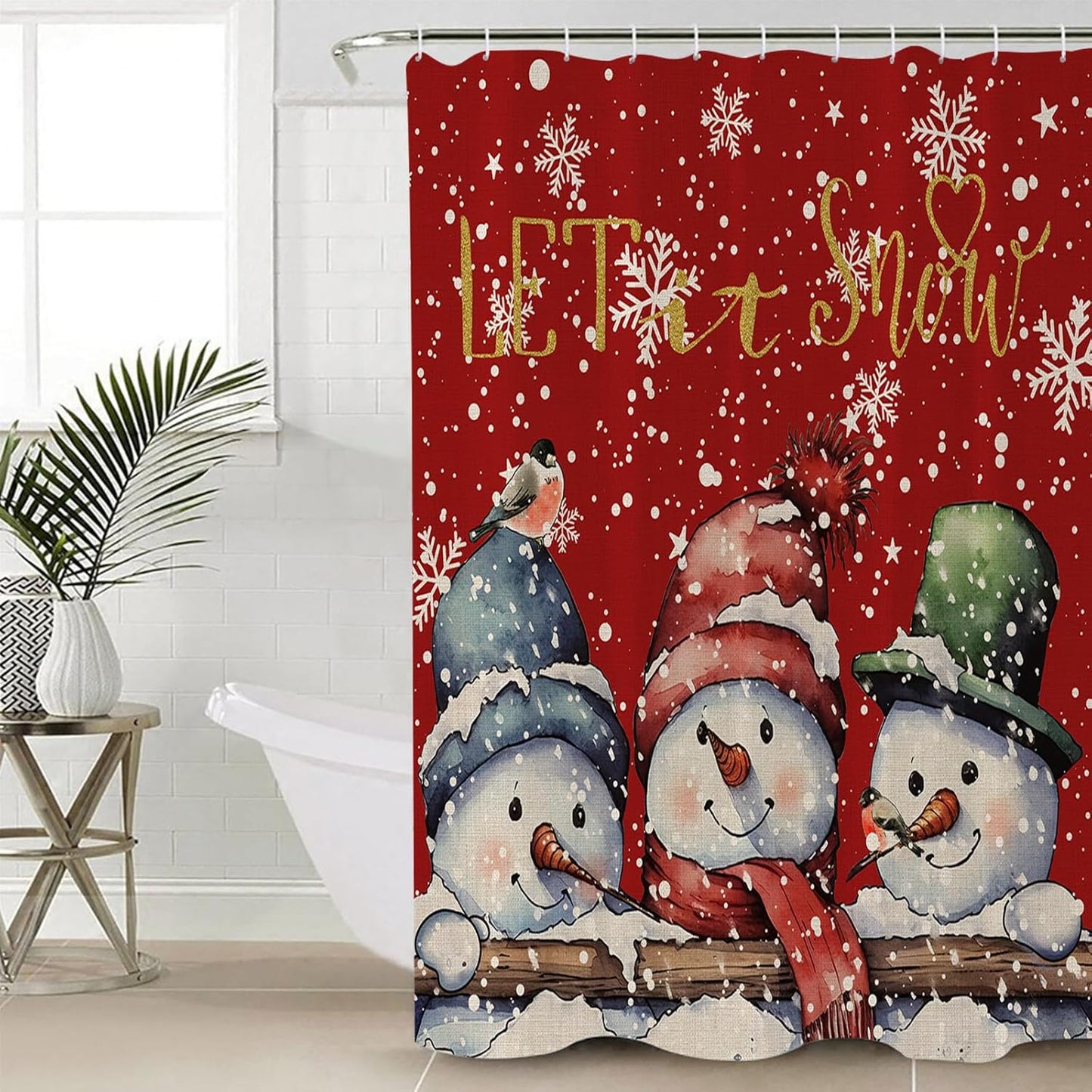 Red Snowman Christmas Shower Curtain Set - Festive 72 Xmas Wonderland