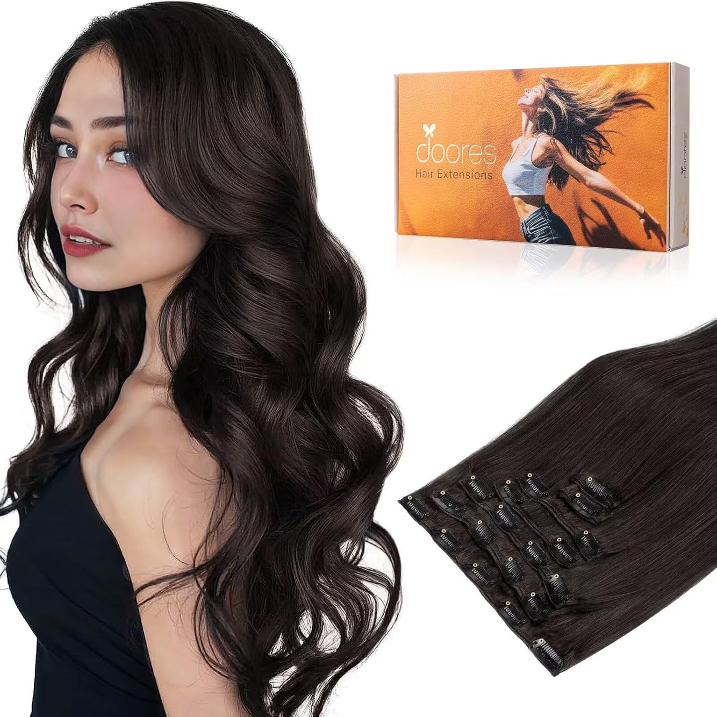 DOORES Human Hair Extensions Clip in Dark Brown 22 Inch 120g