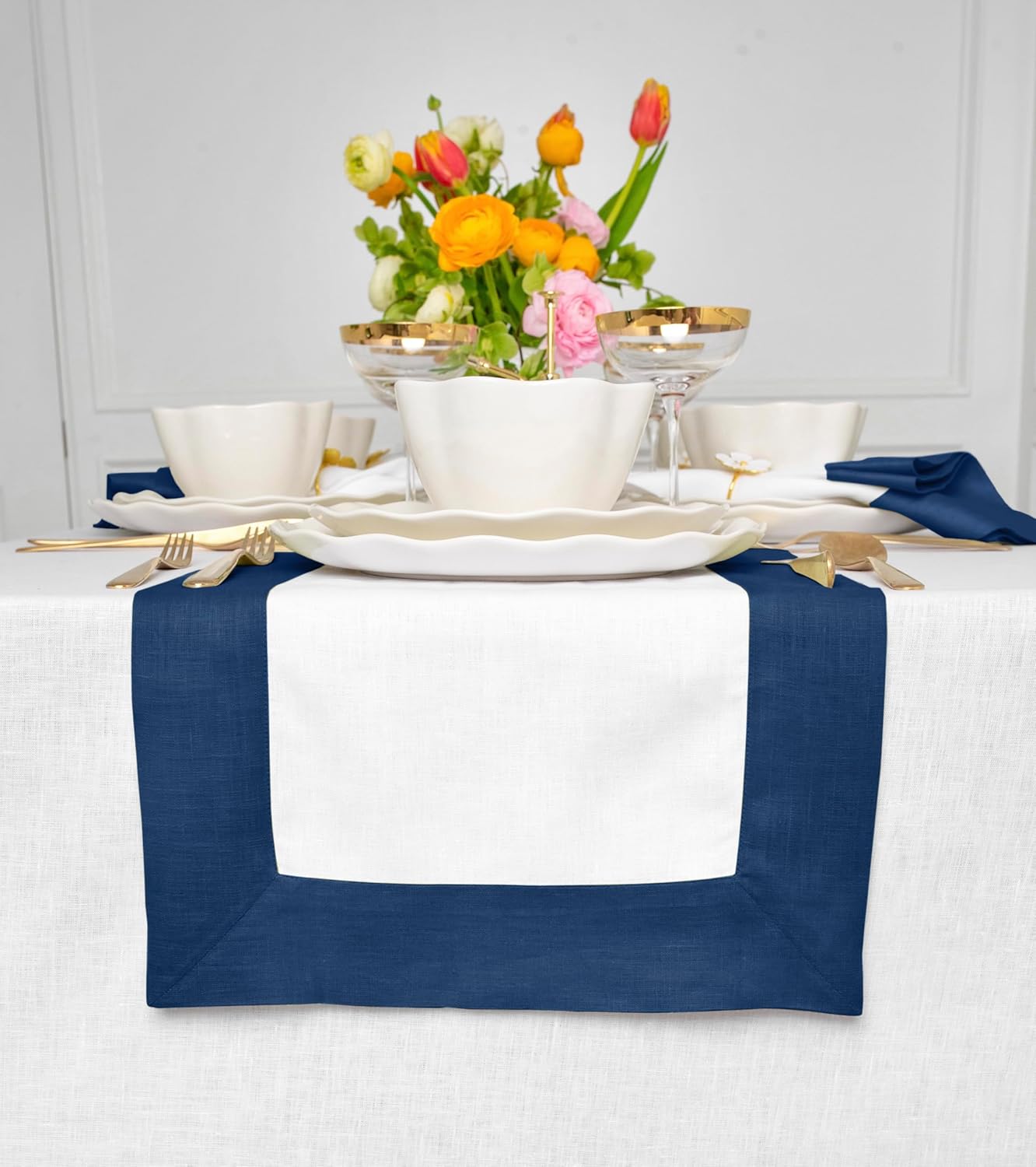 Indigo Blue and White Linen Table Runner for Stylish Dining