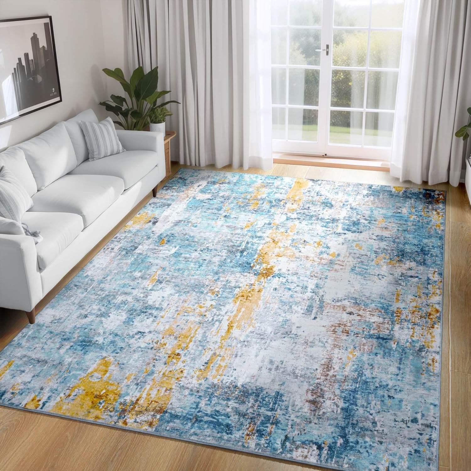 Ompaa 5x7 Blue Area Rug - Machine Washable Boho Vintage Style