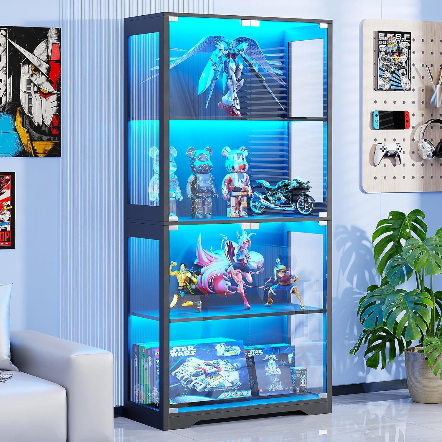 Display Cabinet with Glass Doors and LED Lights for Collectibles