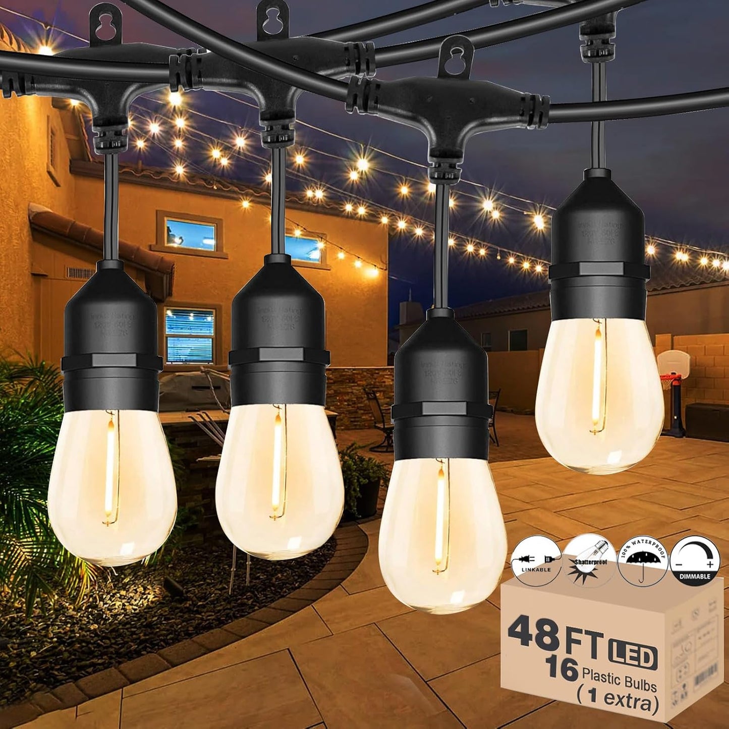 Outdoor String Lights for Outside 48FT with Shatterproof Bulbs