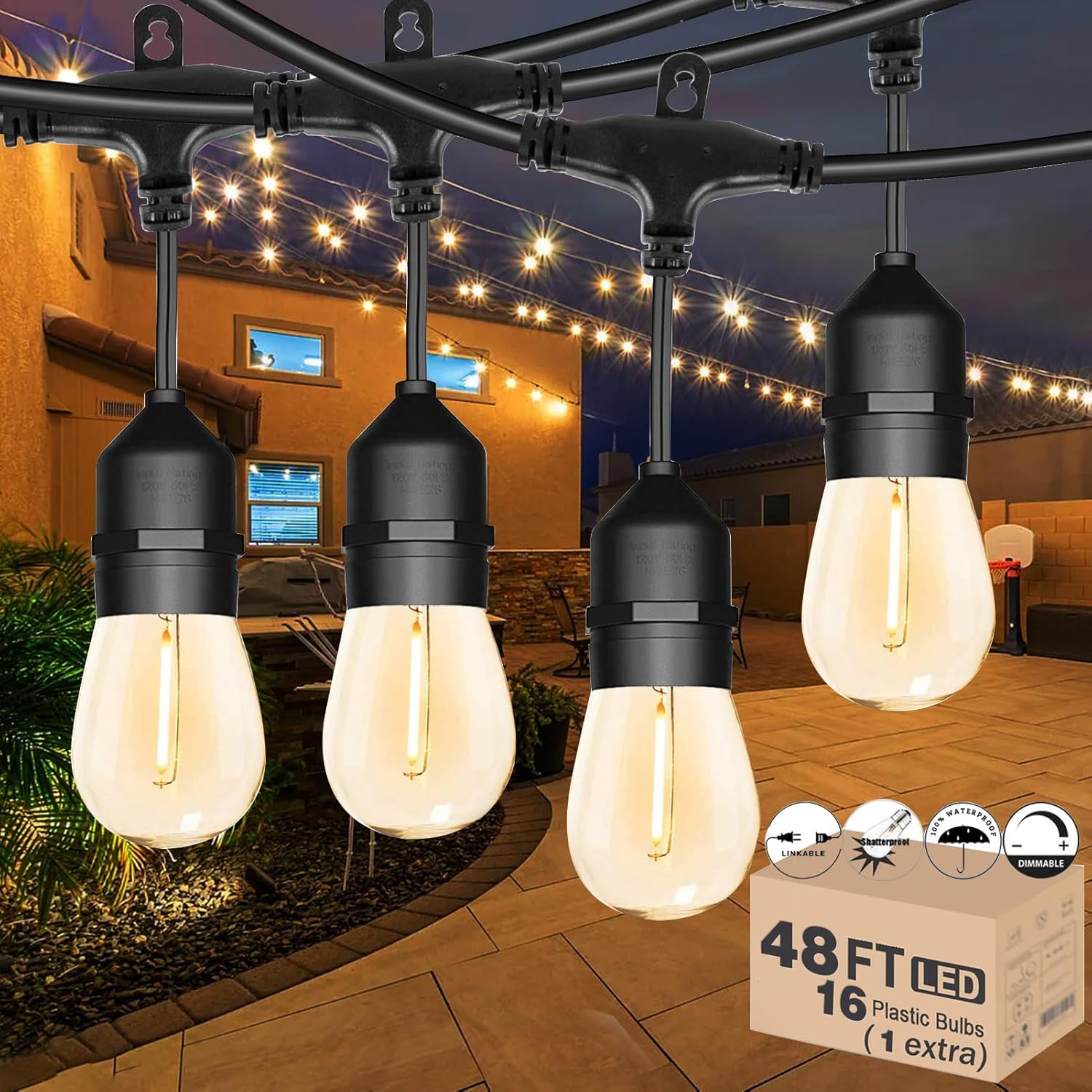 Outdoor String Lights for Outside 48FT with Shatterproof Bulbs