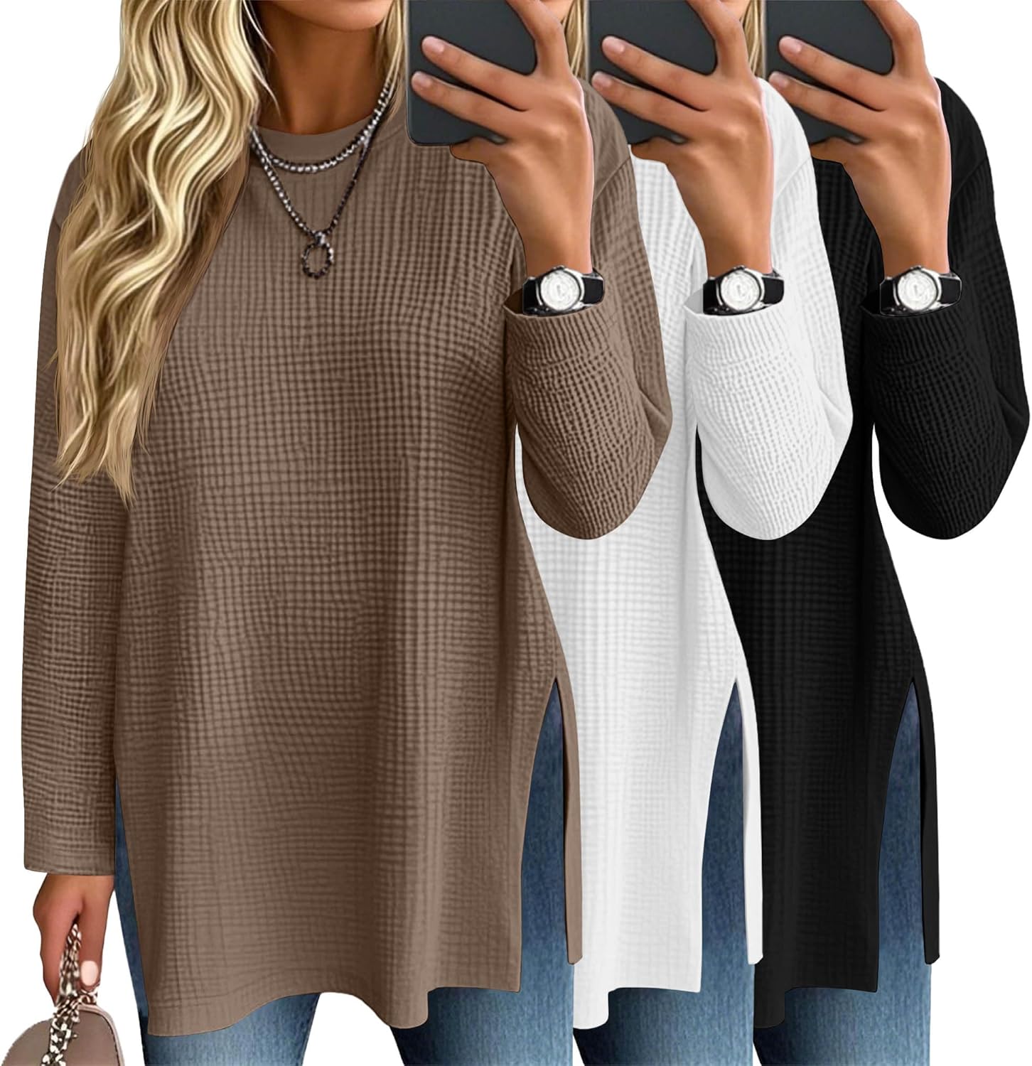 3 Pack Women's Oversized Waffle Knit Long Sleeve Tops for Fall