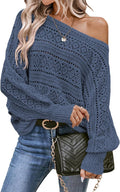 EVALESS Crochet Boat Neck Long Sleeve Loose Fit Sweater - Cozy Style