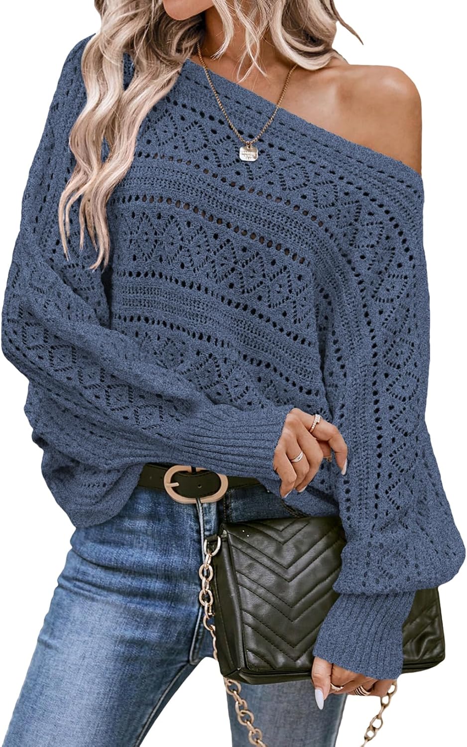 EVALESS Women's Crochet Boat Neck Long Sleeve Sweater for Fall