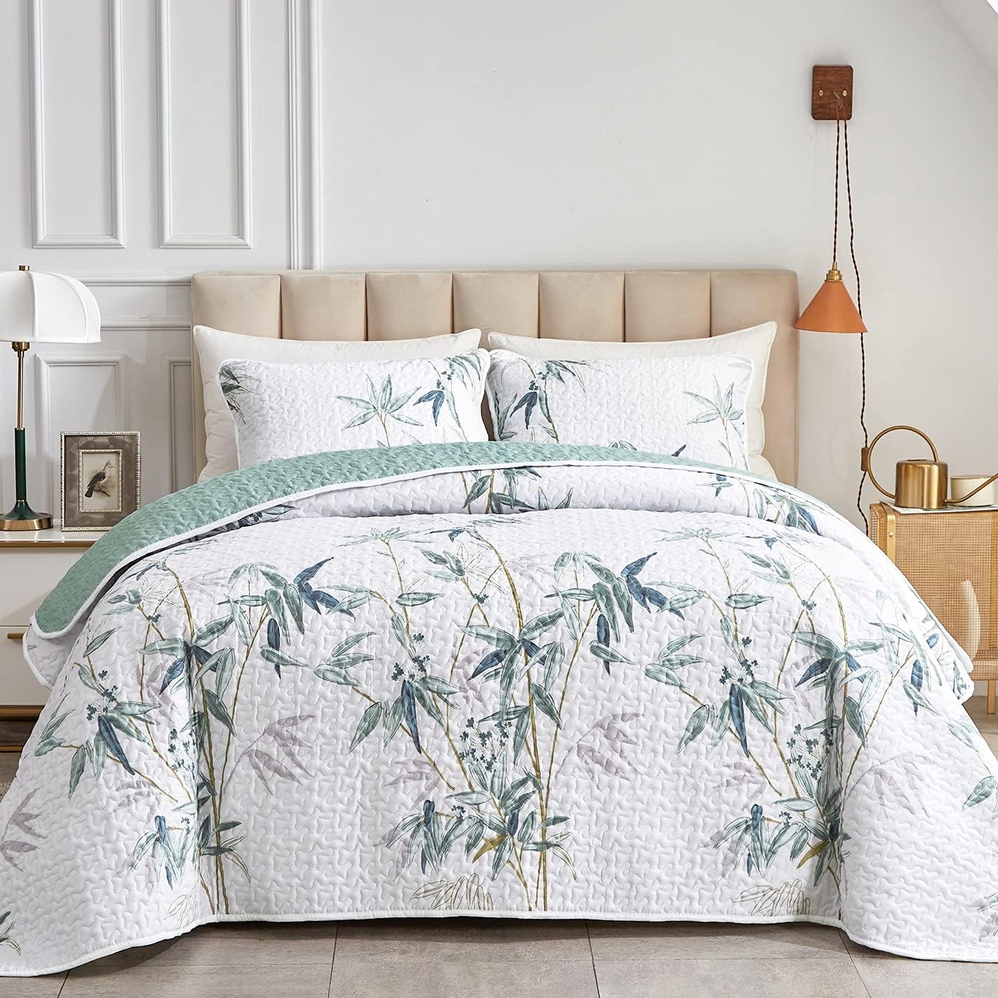 Botanical Quilt Set King Size Green Leaves Printed Bedspread