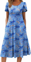 Womens Short Sleeve Flare Midi Dress - Flowy Casual Summer