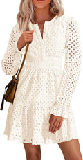 Women's Long Sleeve Eyelet Mini Dress V Neck A-Line - Elegant Casual