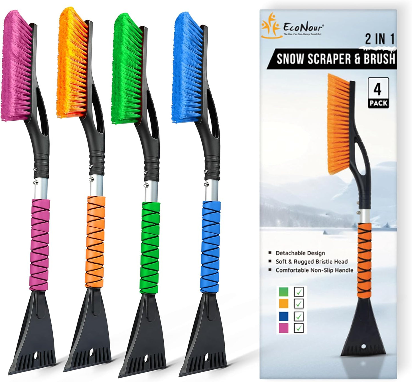 EcoNour 27 Inch Snow Brush and Ice Scraper 4 Pack for Cars