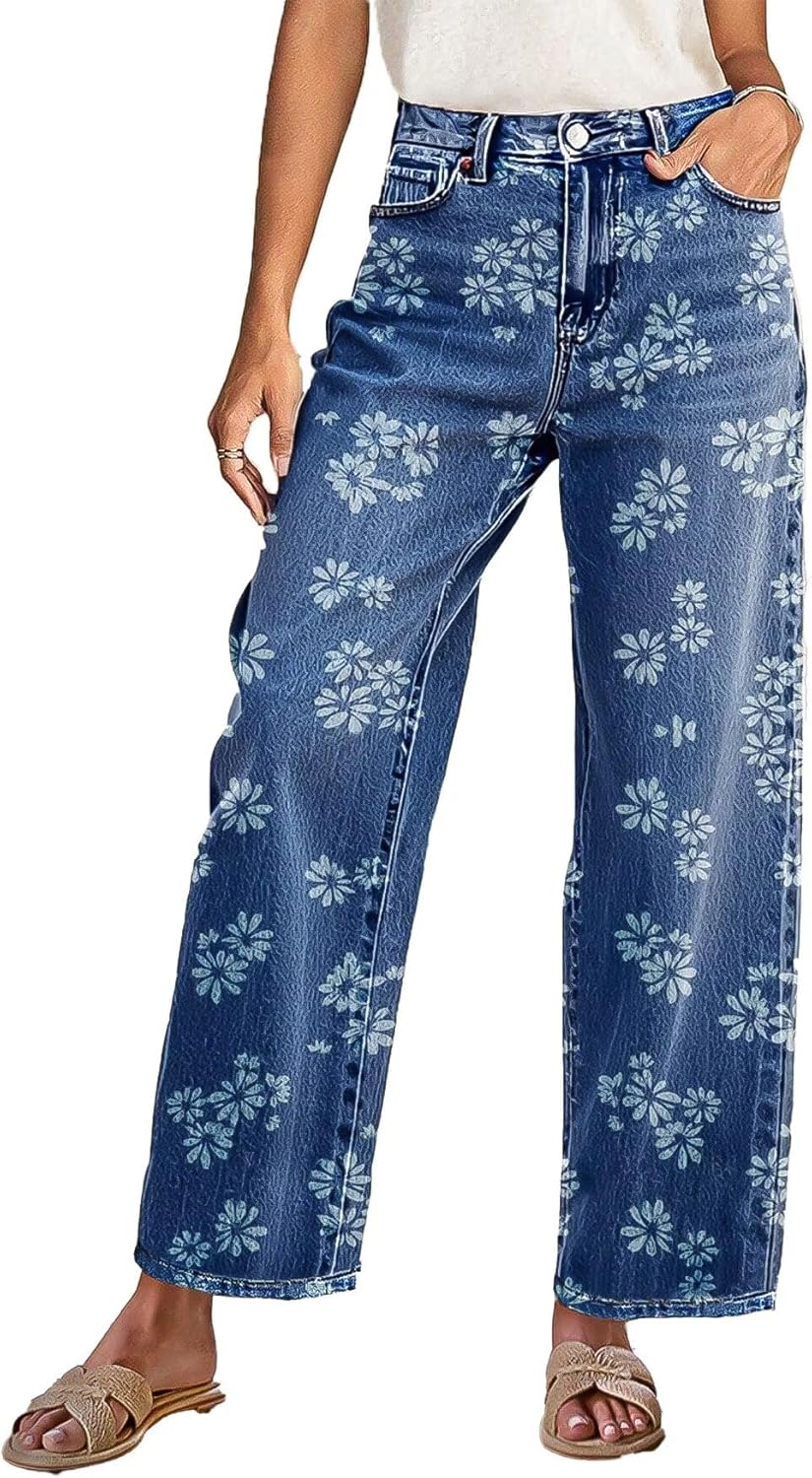 Flamingals High-Rise Vintage Floral Straight Leg Pants for Women