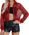 Sheer Mesh Sparkly Crop Bomber Jacket - Festival & Night Out