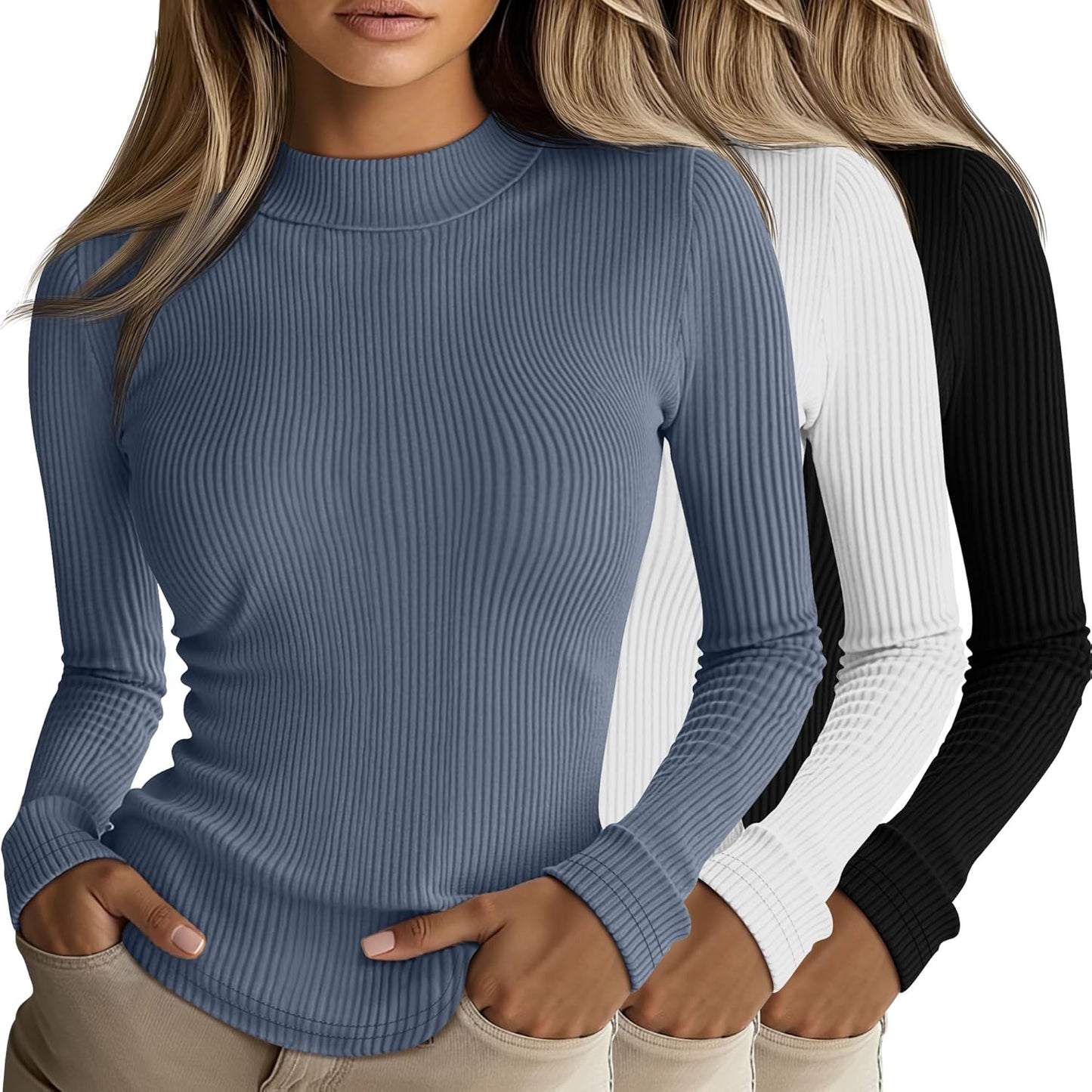 Riyiper 3 Pack Women's Mock Turtleneck Long Sleeve Tops