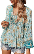 Women's Floral Ruffled Tunic Blouse Tie V Neck - Flowy Babydoll Top