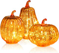 Mercury Glass Pumpkin Set of 3 with Timer and Lights - Fall Tabletop