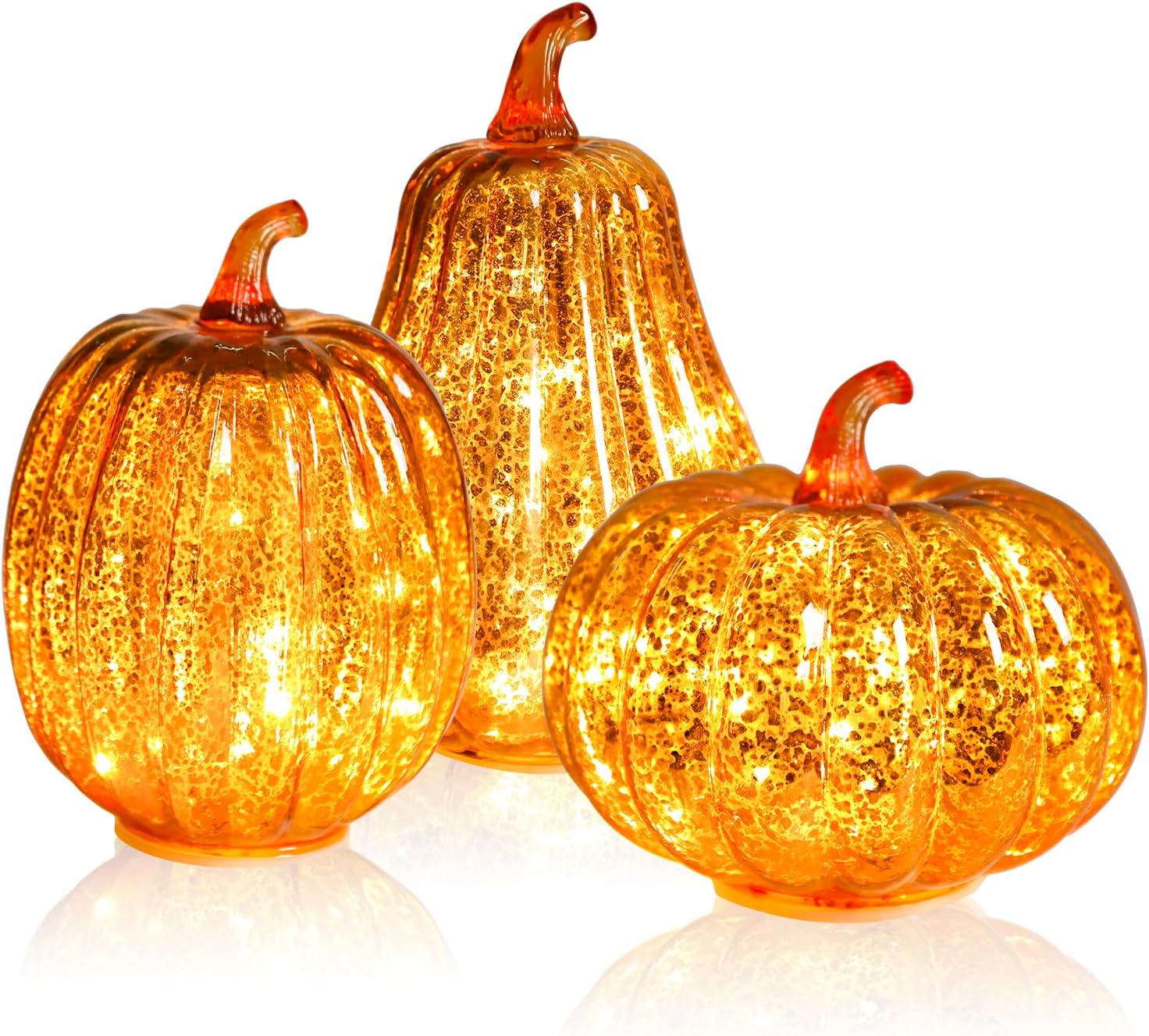 MUMTOP Mercury Glass Pumpkin Set with Lights for Fall Decor