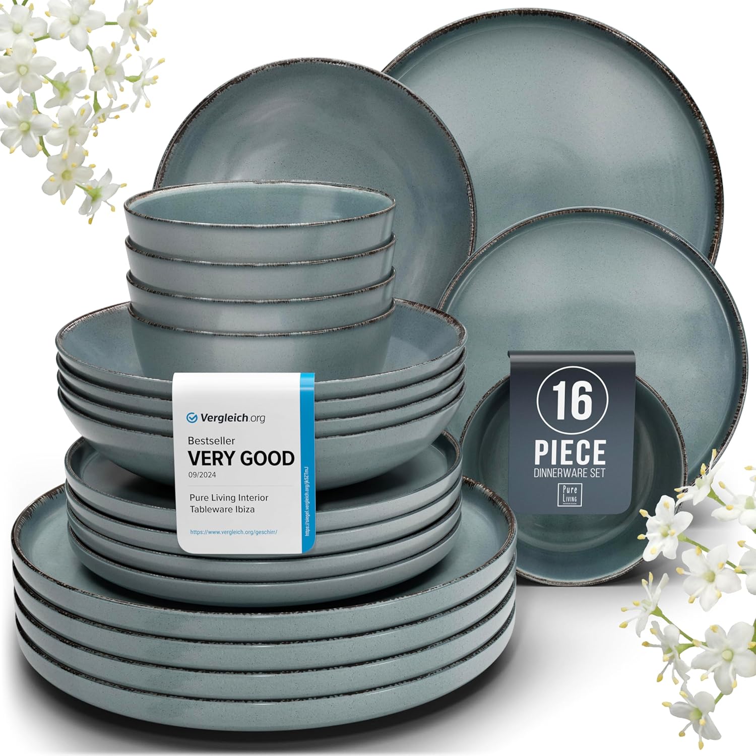 Rustic Stoneware Dinnerware Set for 4 - 16 Pieces in Smoky Blue